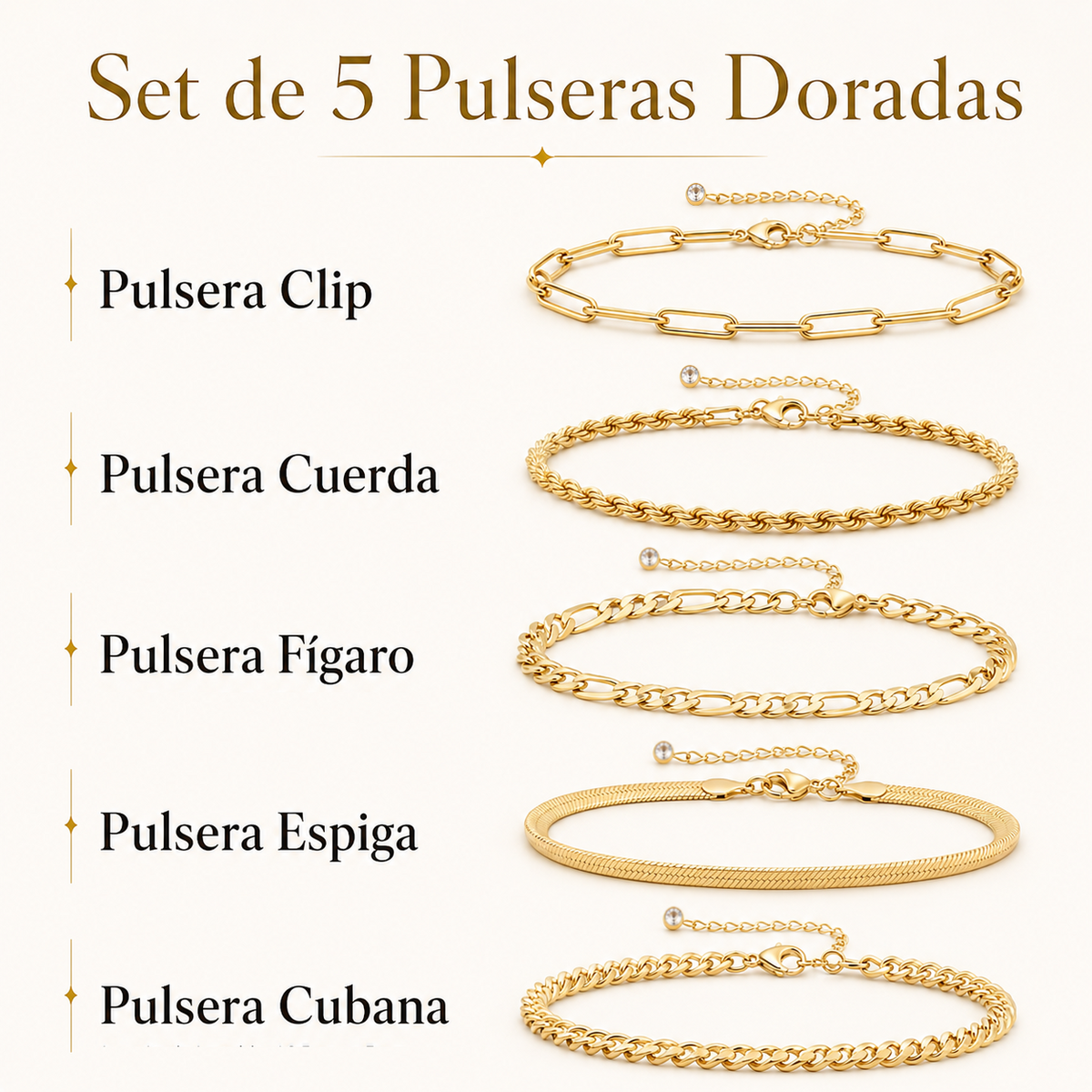 Set 5 Pulseras Aura Dorada - Baño Oro