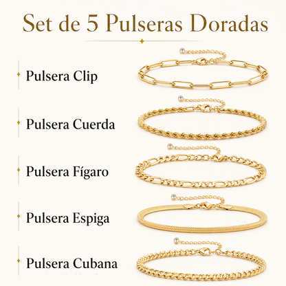 Set 5 Pulseras Aura Dorada - Baño Oro